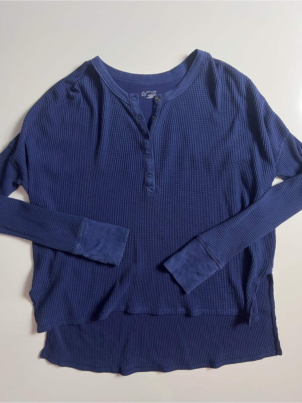 Aerie Offline Wow Waffle Henley Oversized Long Sleeve, Dark Blue, Size S